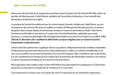 Lettre de soutien de J Rousseau Président d'Emmaüs International à Gérard RIFFARD