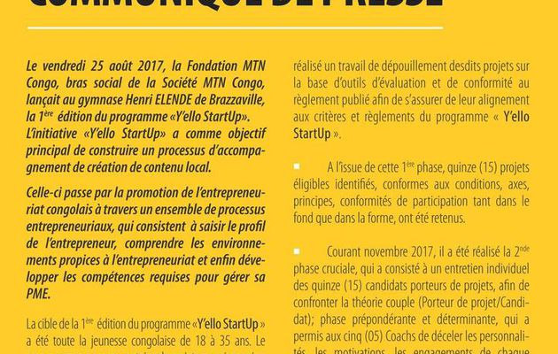 LA PRE SELECTION DES LAUREATS DE LA 1ERE EDITION DE YELLOW START UP 2017