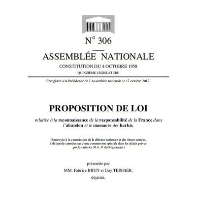 Proposition de loi de M. Fabrice Brun,et Guy Teissier relative à la reconnaissance de la responsabilité de la France dans l'abandon et le massacre des harkis