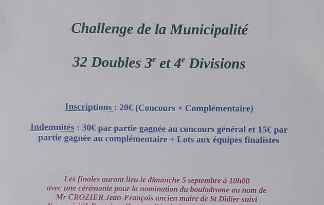 Challenge de la Municipalité 32 Doubles 3/4 à St-Didier sous Riverie le vendredi 3 septembre 2021