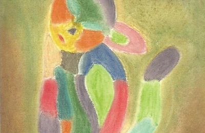 Carte postale impression tableau peint pastel chat colore,charlequin,oeuvre artistique d isabelle krief,le chat est assis,bleu vert rose rouge violet jaune orange,carte postale format A6,bobo boho gothique,abstrait fantastique,cadeau fete anniversaire noel