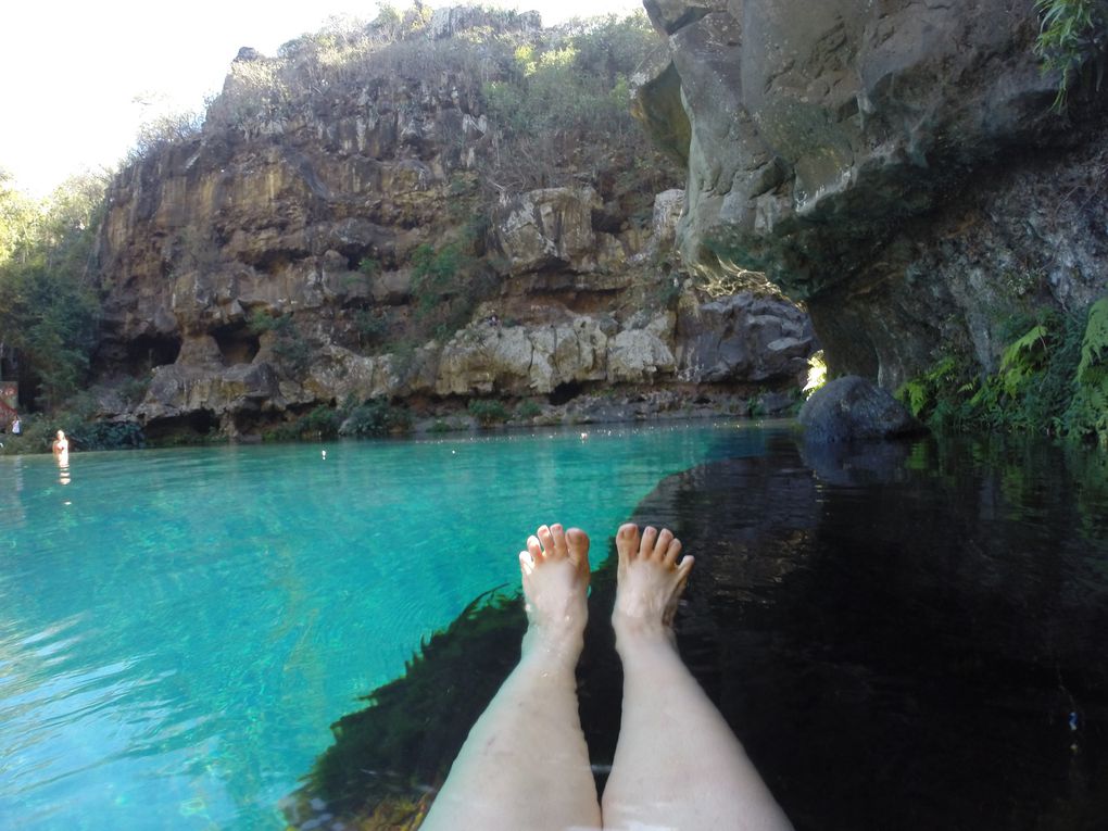 Un si beau bleu...; 2 vues du bassin sous le rebord du plongeoir, doigts de pied en éventail de rigueur ; quelques fleurs sur le chemin