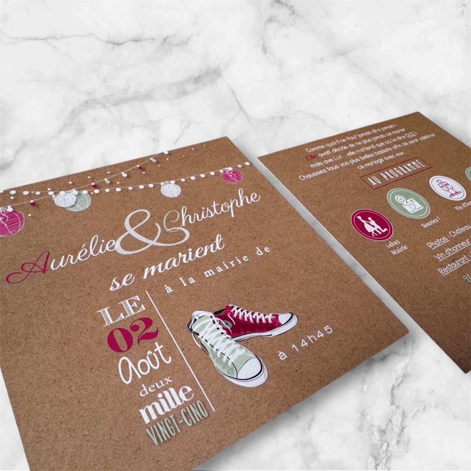 invitation faire-part mariage recto verso converse fuchsia et vert amande guirlande guinguette programme avec horaires et adresses pictogrammes #efdcbysoscrap