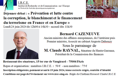 24 JUIN  Déjeuner-débat : « Prévention et lutte contre la corruption, le blanchiment et le financement du terrorisme en France et en Europe »