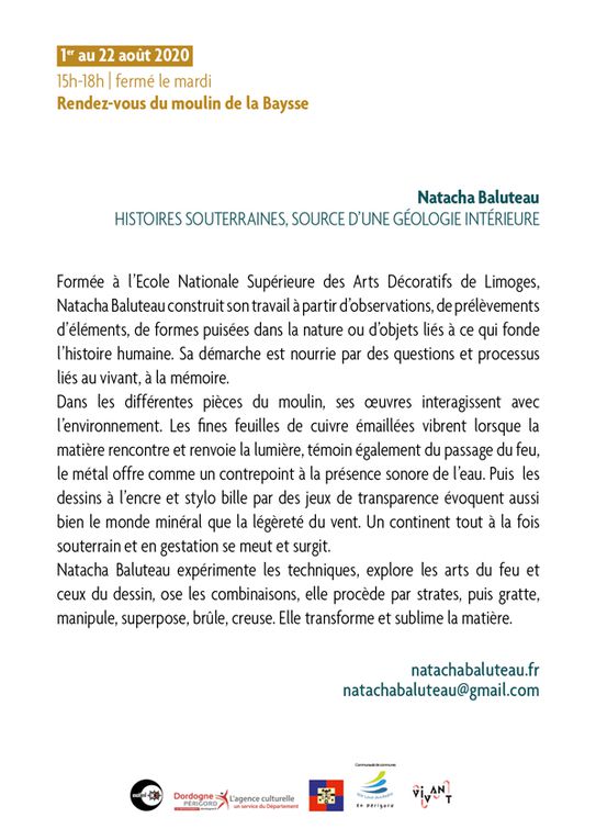 LE MOIS D'AOÛT S'OUVRE AU MOULIN DE LA BAYSSE AVEC UNE INSTALLATION-EXPOSITION DE NATACHA BALUTEAU