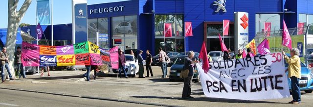 Tract et photos de l'action de l'Union syndicale Solidaires 30 ce samedi 13 octobre devant le concessionnaire Peugeot de Nîmes