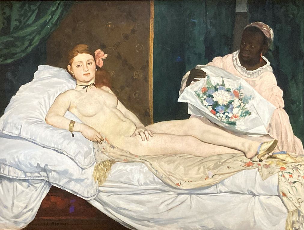 Manet : autoportrait, portraits de Berthe Morisot, Zola, Baudelaire, Mallarmé..., scènes de la Commune, scènes de la vie parisienne et bien évidemment Nana et la célébre Olympia     Olympia 