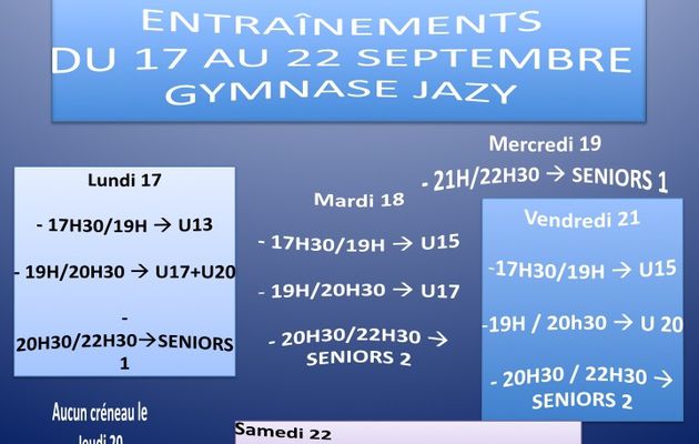 CRÉNEAUX EXCEPTIONNELS - GYMNASE JAZY : DU 17 AU 22 SEPTEMBRE