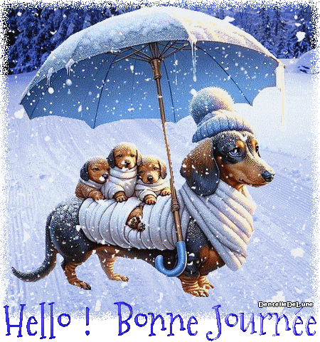 Bonne journée - gif - animé - chien Teckel et ses chiots dans la neige