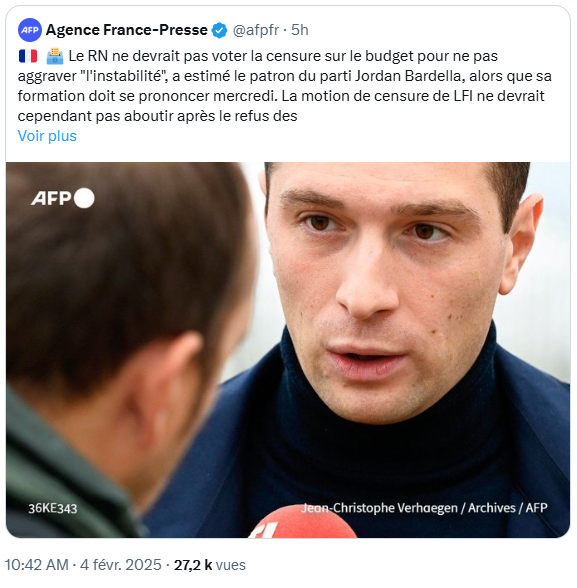 Budget : le RN ne devrait pas voter la censure, selon Jordan Bardella