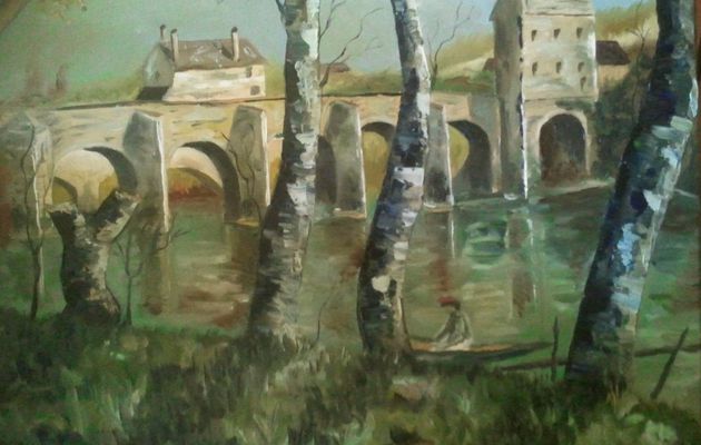 Le pont de Mantes inspiré de Corot, huile sur toile 50x40