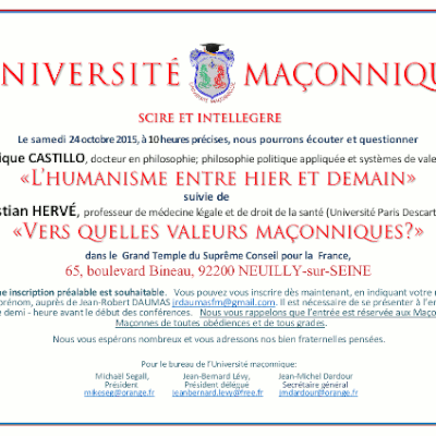 Humanisme et valeurs maçonniques à l’Université Maçonnique le 24 octobre 2015 avec Monique Castillo et Christian Hervé.