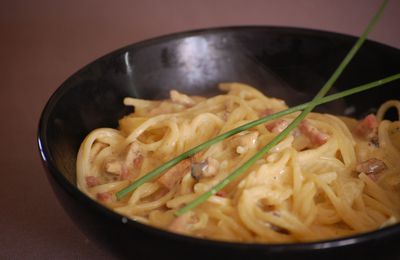 Spaghettis façon carbonara aux champignons