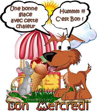 Gif animé Bon mercredi avec souris et chien léchant une glace - les gifs  animés de dentelledelune