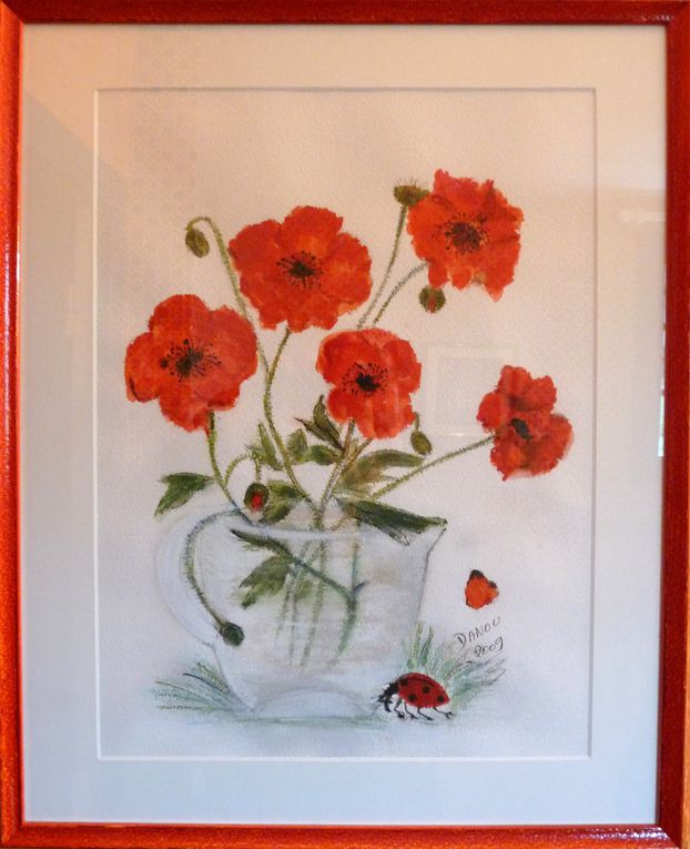 Les coquelicots, taille: 52 par 42, aquarelle avec encadrement, artiste: Danou.