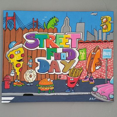 Street Food Day . Commande spéciale pour un ami  traiteur. 40 x 40 cm .Posca sur toile .