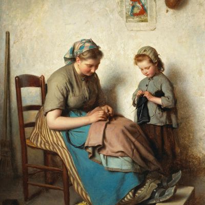 Mère et enfant par les grands peintres -  Charles moreau (1830-1891)  la leçon de tricot