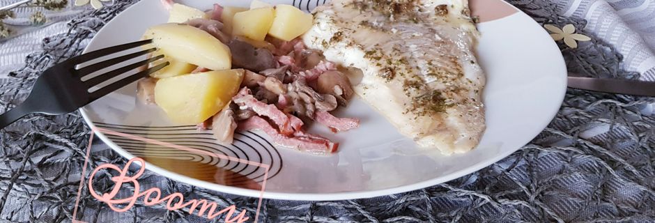 Filet de flétan, pommes de terre champignons et bacon