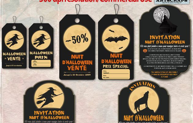 Images formats EPS, PNG, et JPEG-Nuit d'Halloween-Cartes d'invitations avec un loup, lune, sorcière, maison effrayante, et Chauves-souris