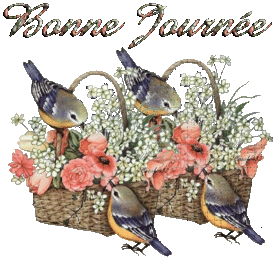 Bonne journée - Paniers - Fleurs - Oiseaux - Gif scintillant - Gratuit