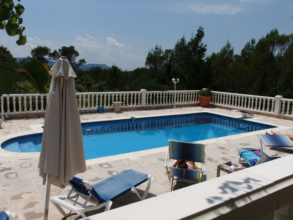 grande piscine sécurisé avec tremplin , grande plage avec transat et parasol 