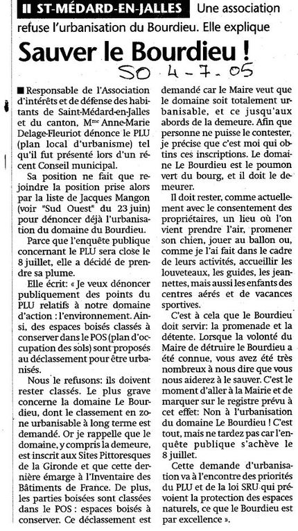  Le plan du projet urbanistique, rencontres flore faune dans le parc, un sous bois image d'un bois sale pour nos élus et l'article de Mme Fleuriot paru dans SO au moment du passage POS en PLU (2006)