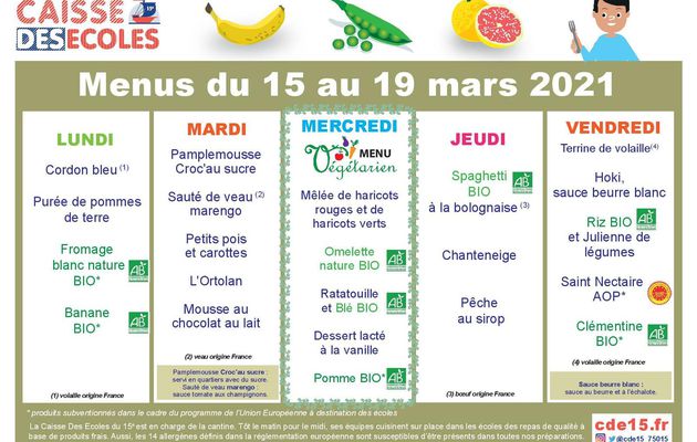 menus de la cantine et du goûter du 15 au 19 Mars 2021 + inscription pour 2021/2022