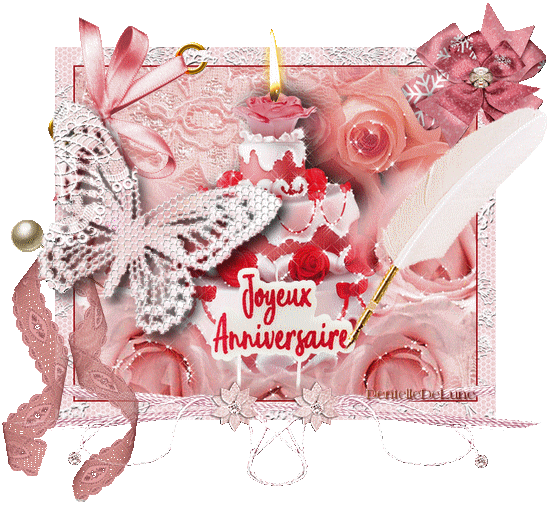 Gif Scintillant Joyeux Anniversaire Avec Motifs Dentelle Papillon Roses Gateau Bougie Allumee Les Gifs Animes De Dentelledelune