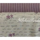 1b Linea shabby misto lino - base naturale scitte e roselline viola - Il Telaio Povolaro