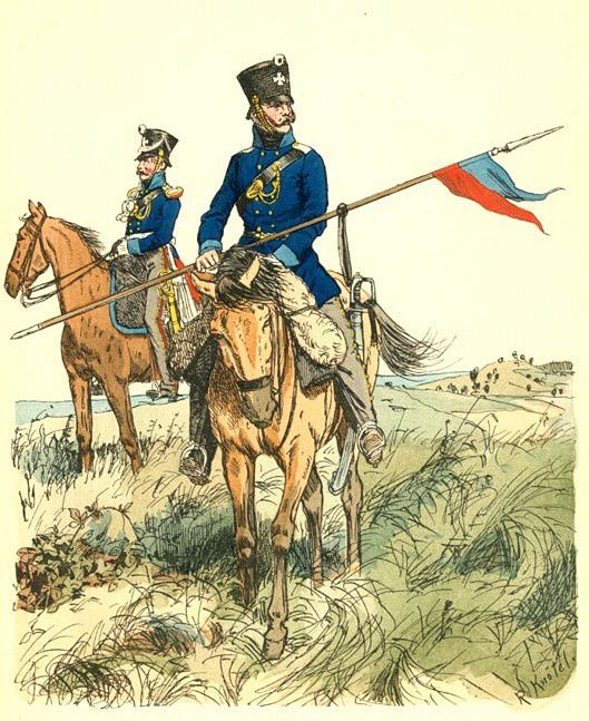 Roi de Prusse Frédéric Guillaume III  les malheurs de la guerre en France en 1814, Cavaliers uhlans et leur lance. 