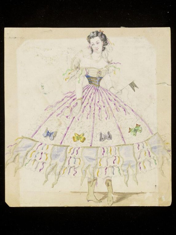 N°1 "Blue indigo" style of La Mode Duncan - Template drawn by Charles Frederick Worth , 1860 - N°2 and 3 drawn by Léon Sault for Charles Frederick Worth - N°4 fashion template drawn by Jules Helleu for Charles Frederick Worth - source collections vam ac uk vv