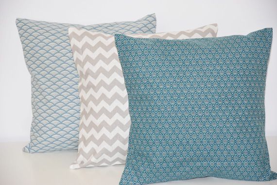 Tissu Motifs Chevrons Asanoha et Vagues - Tons Gris et Bleu