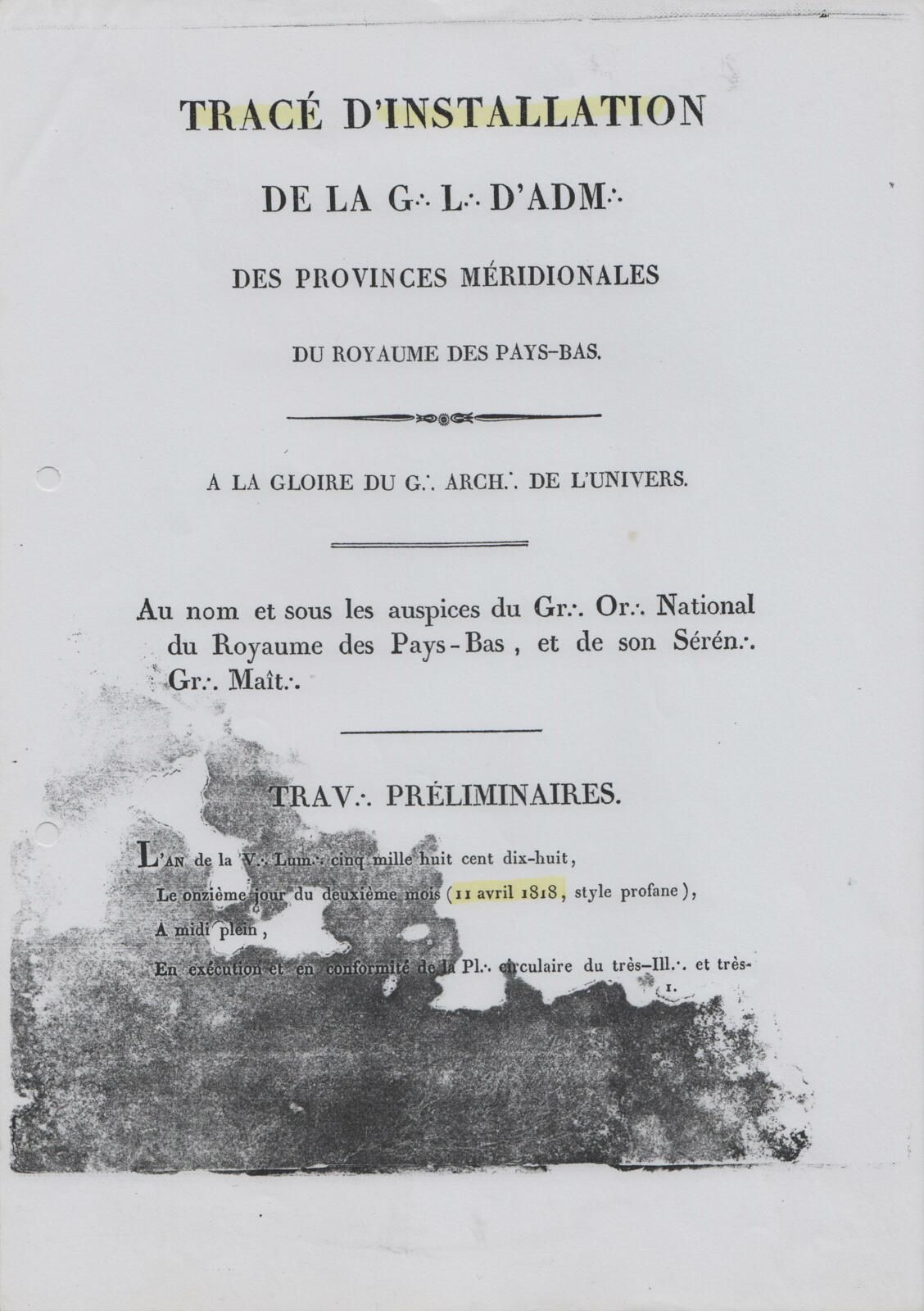 Avril 1818. Tracé d'Installation. 