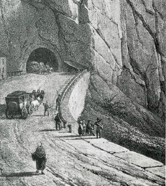 1 - L’amélioration de la route du Mont Cenis : le passage des Echelles. Entre le plateau du Mont Cenis et la plaine Saint-Nicolas, le passage des Echelles est désormais carrossable. La gravure met en valeur les éléments de la sécurité routière : perches, balustrades, refuges (gravure genevoise vers 1850 – Coll. Amis du Mont Cenis). / 2 - Diligence à l’entrée du tunnel des Echelles. Détail d’une lithographie de C. Motte vers 1830. Le tunnel et ses rampes d’accès furent terminés vers 1820 (Collection Musée Savoisien). / 3- L’accueil des voyageurs (Le Petit Savoyard). / 4 - Un marcheur romantique. Gravure de Freudweiler servant de frontispice à la première édition du guide de Ehel, 1798 (Collection Amis du Mont-Cenis).