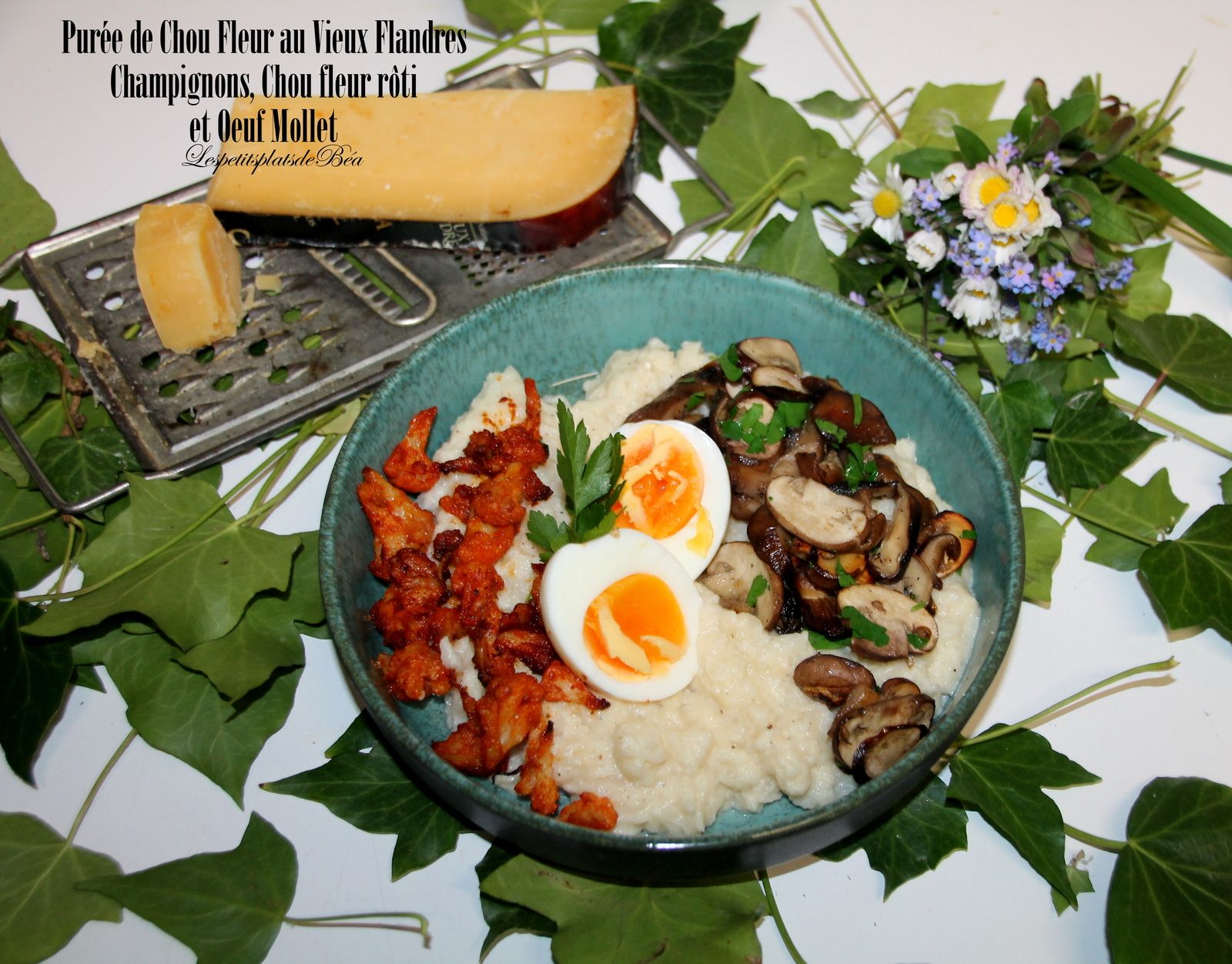 Purée de chou fleur au vieux Flandres, champignons, chou fleur rôti et oeuf mollet Les petits