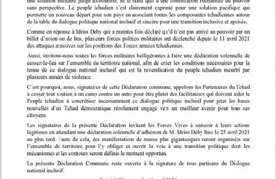 Déclaration commune de l'opposition en faveur du dialogue politique inclusif au Tchad