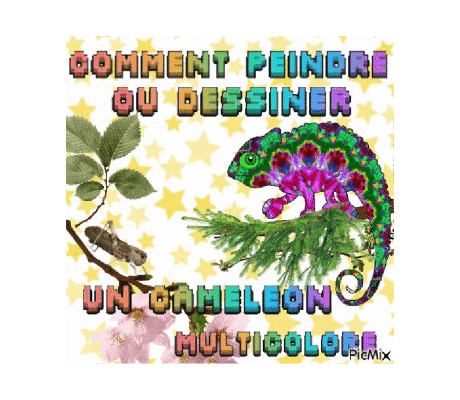Dessin et peinture - vidéo 3929 : Comment dessiner et peindre un caméléon multicolore ? - plusieurs médiums.