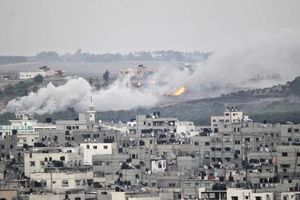 Smoke and flames are seen during Israeli offensive in the east of Gaza City 