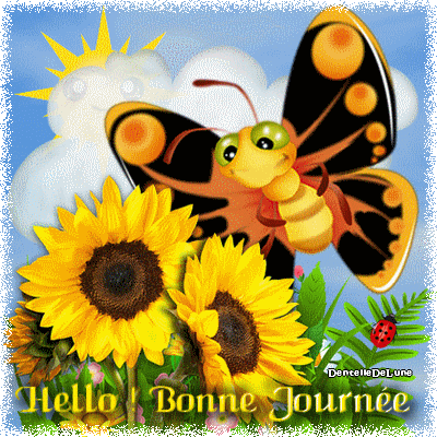 Hello ! Bonne Journée - Joli papillon - fleurs - gif animé