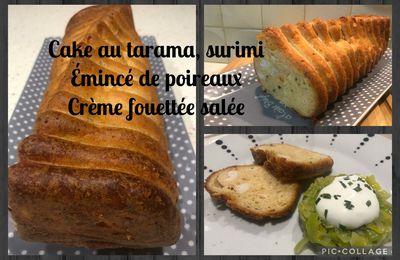 Cake au tarama et au surimi accompagné d'un émincé de poireaux, crème fouettée salée