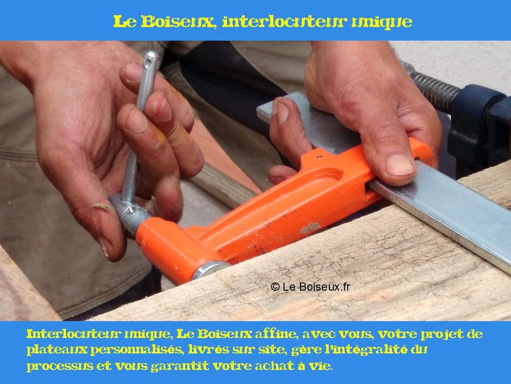 Sur le(s) plateau(x) que je compose planche par planche, j'écris, en recyclant vos mots, une histoire sur mesure.