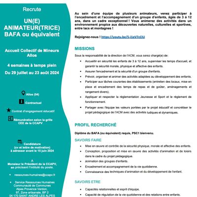 Offres d'emploi d'animateurs BAFA pour l'été 2024 dans les Alpes-de-Haute-Provence :