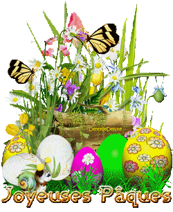 Joyeuses Pâques avec fleurs et papillons - gif animé-a