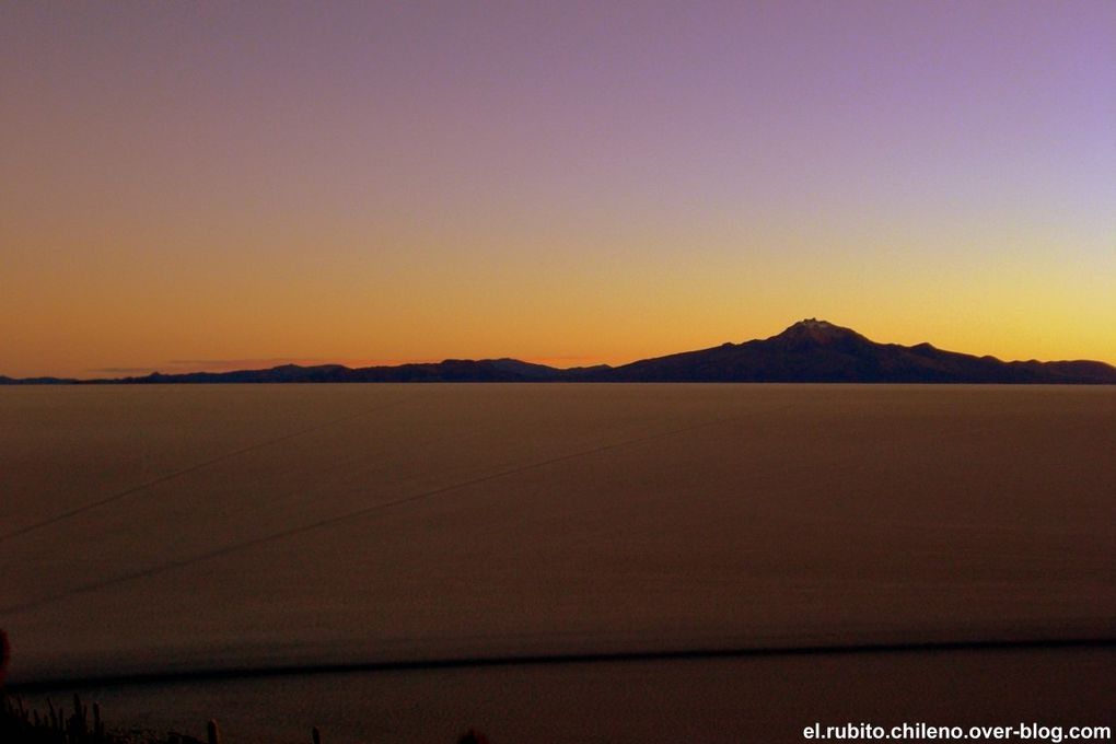 Levé de soleil depuis la Isla de Incahuasi. Traversé d'une des merveilles naturelles du monde. Le plus grand désert de sel du monde. Du blanc à perte de vue et un ciel bleu extraordinaire.