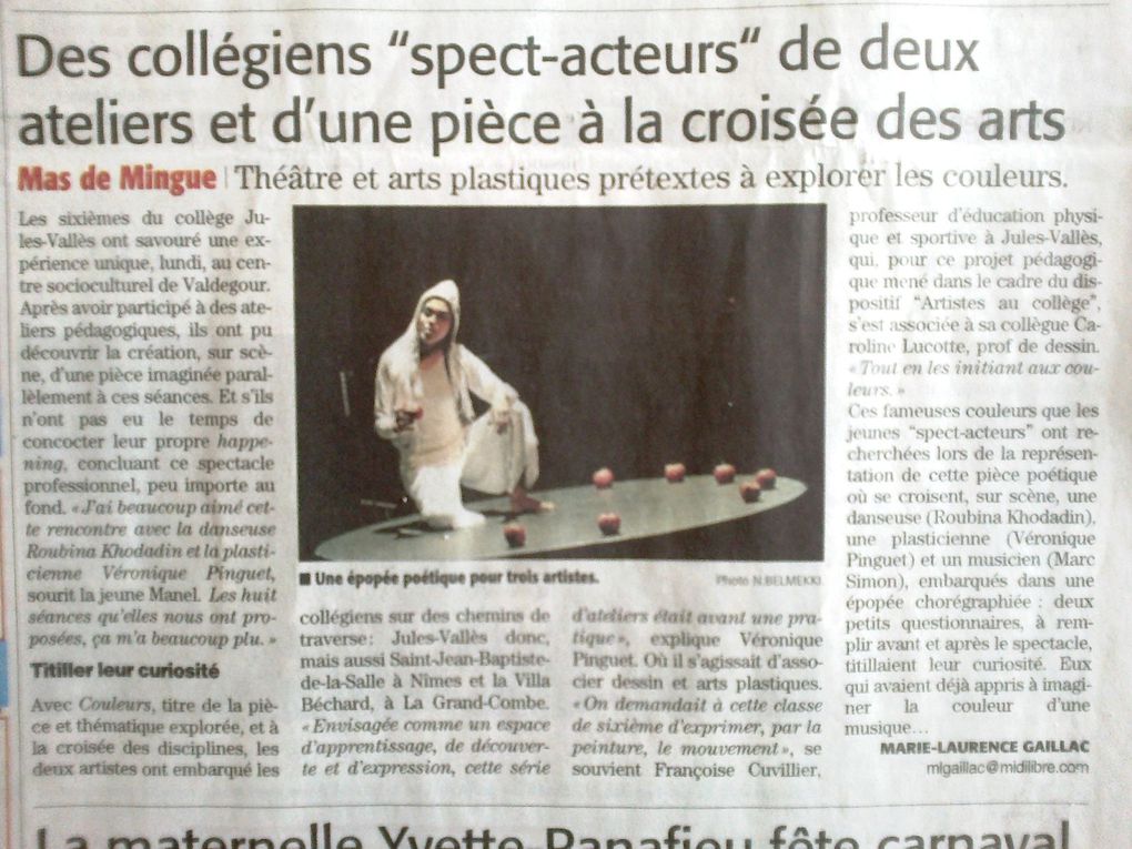 pour le spectacle danse-musique-peinture "COULEURS" avec l'association VOOA, nous engageons une réflexion sur l'origine et la philosophie des couleurs : ateliers de rue ou intervention artistique en collèges.