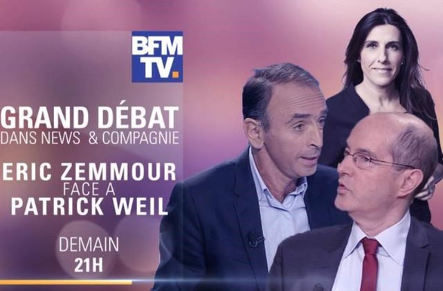 Eric Zemmour et l'historien Patrick Weil débattront une heure mardi soir sur BFMTV.