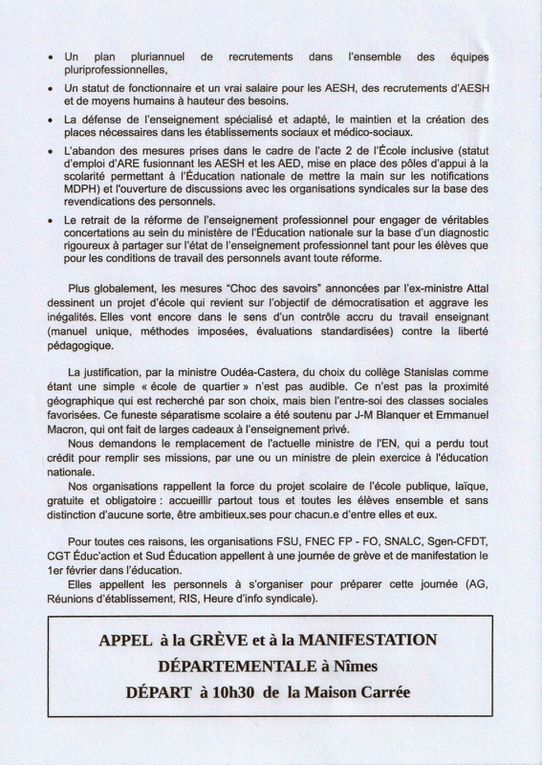 RASSEMBLEMENT &amp; MANIFESTATION PERSONNELS DE L'EDUCATION 1ER FEVRIER 2024 