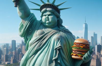 La statue de la liberté devenue obèse et belliqueuse