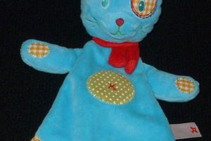 Doudou peluche chat plat bleu,écharpe rouge,Nicotoy