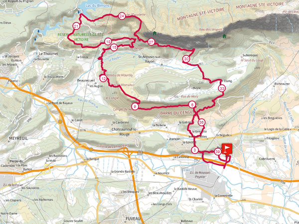 Parcours et profil du Trail de la Sainte-Victoire - Le Cézanne 39km / 1500D+ (clic pour agrandir)